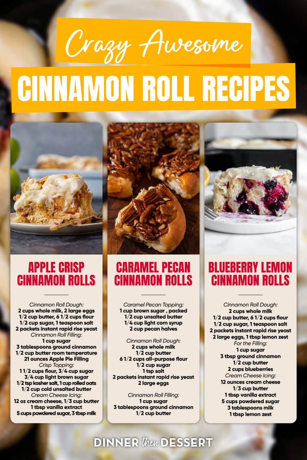 Collage of 3 cinnamon roll variations and ingredient lists