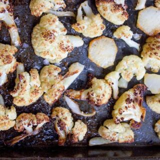 Aerial view of veggies on baking sheet