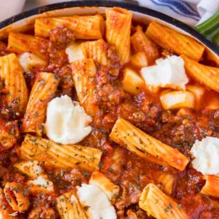 Baked pasta dish in a skillet