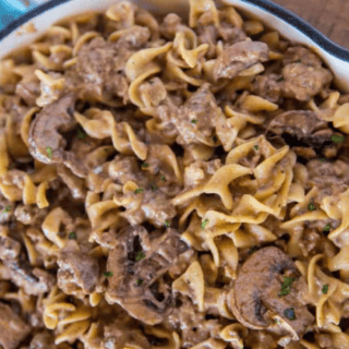 beef and noodles in a pan