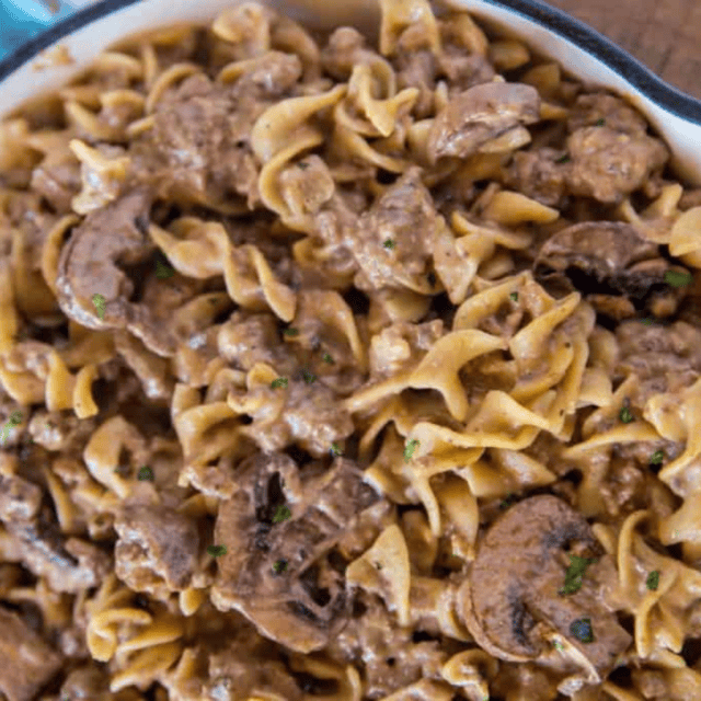 beef and noodles in a pan