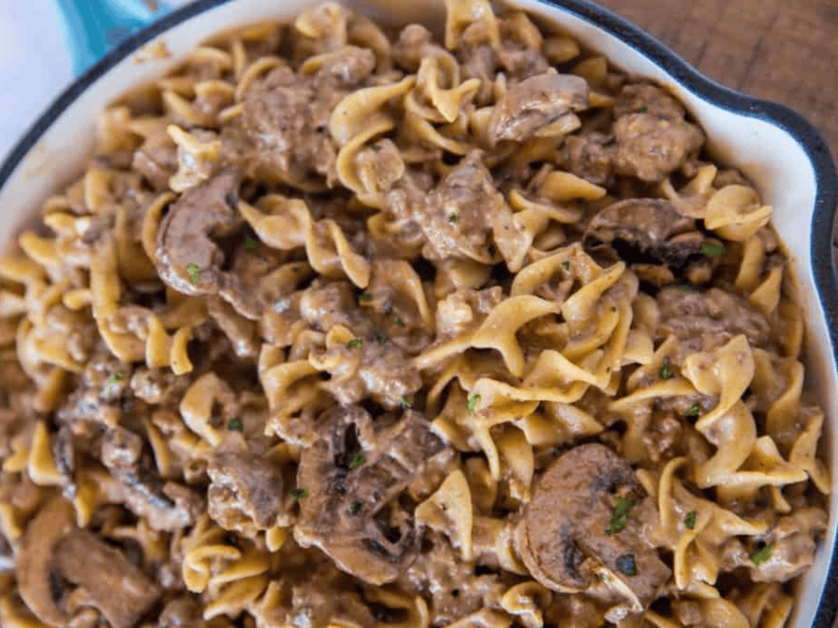beef and noodles in a pan 