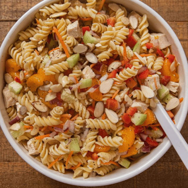 noodles, chicken, veggies and almonds mixed in a bowl