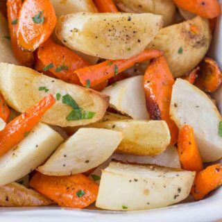 Roasted vegetables in a baking dish