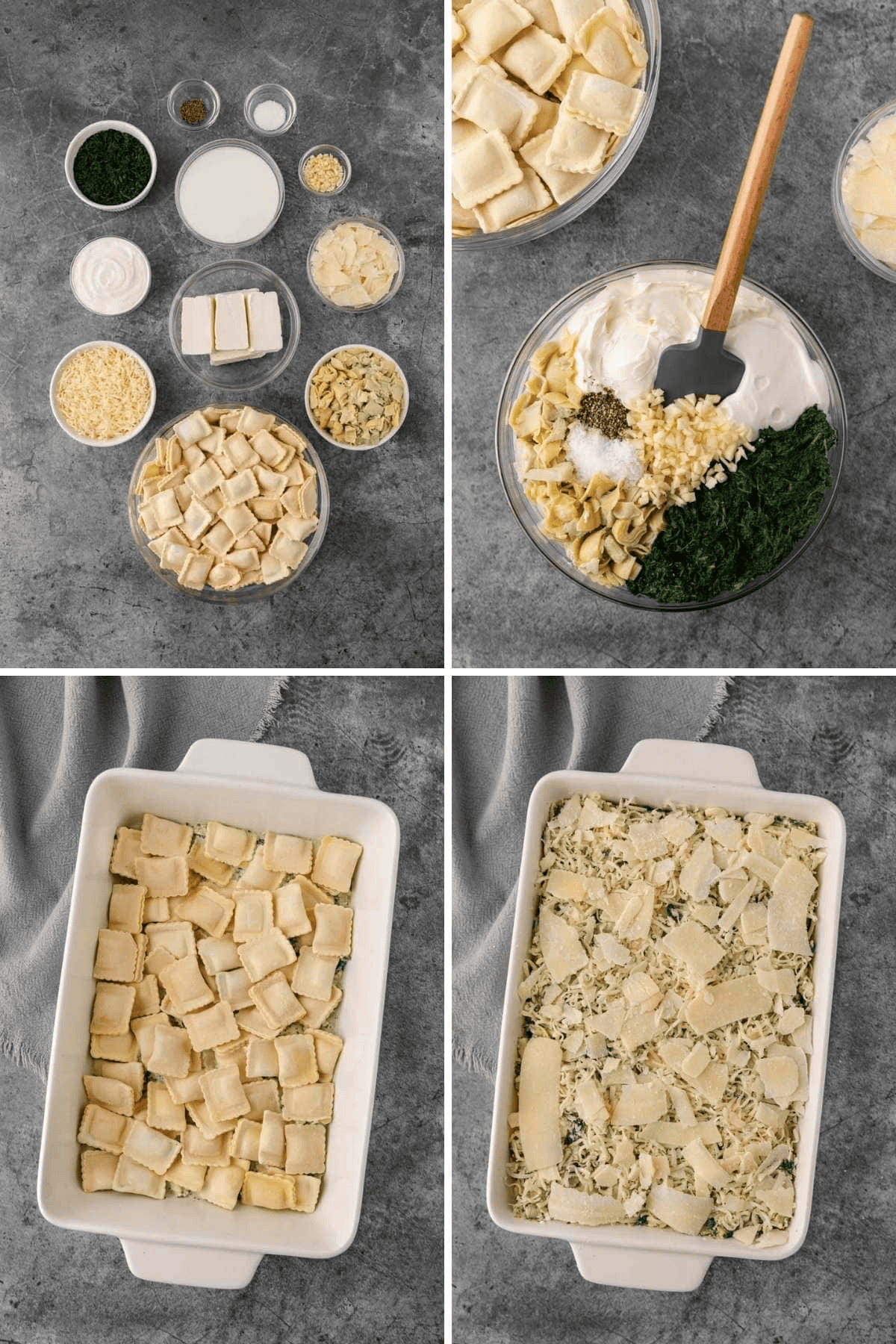 Collage of preparation steps for ravioli bake