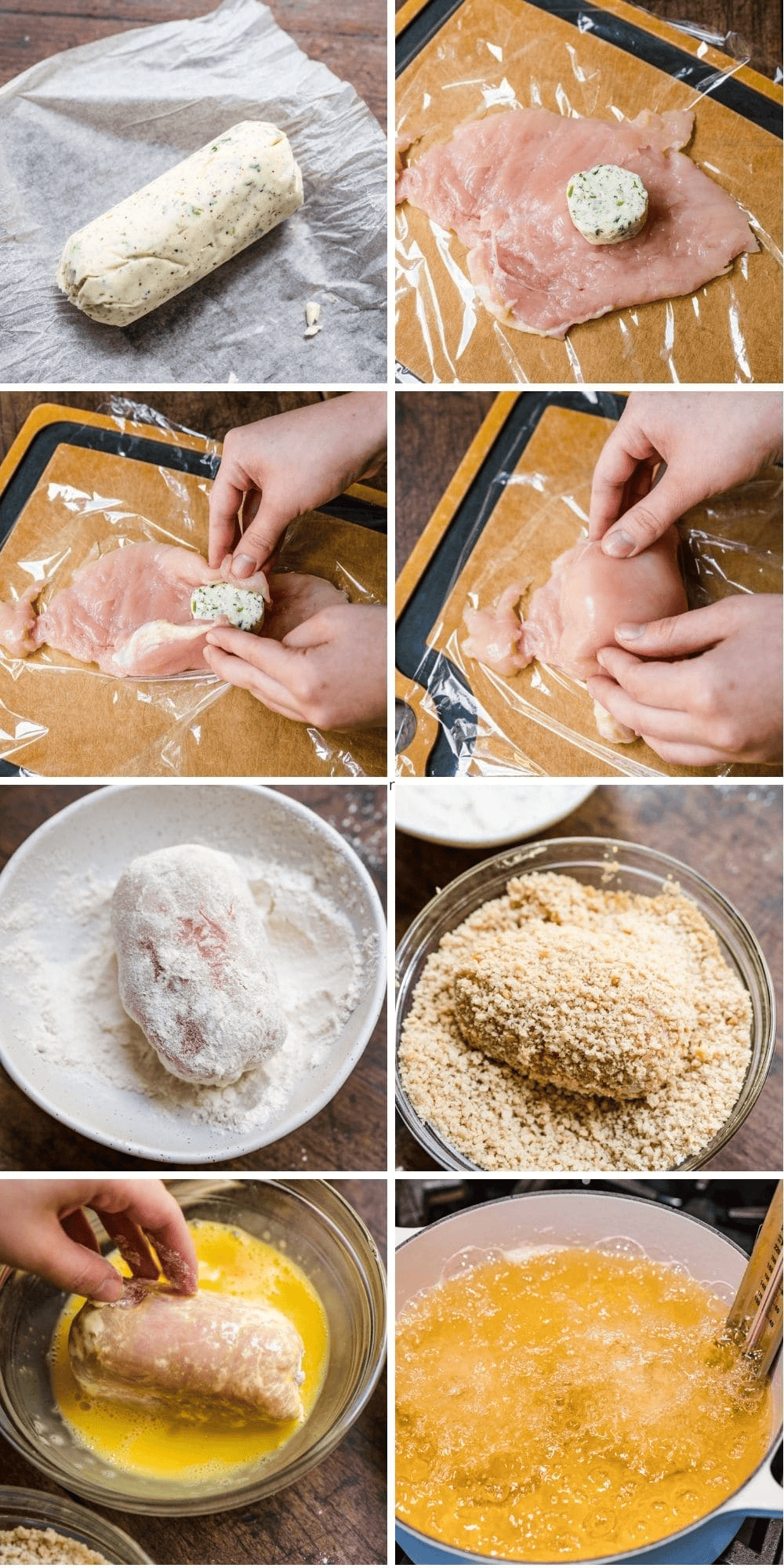 collage of prep steps for stuffed and breaded chicken