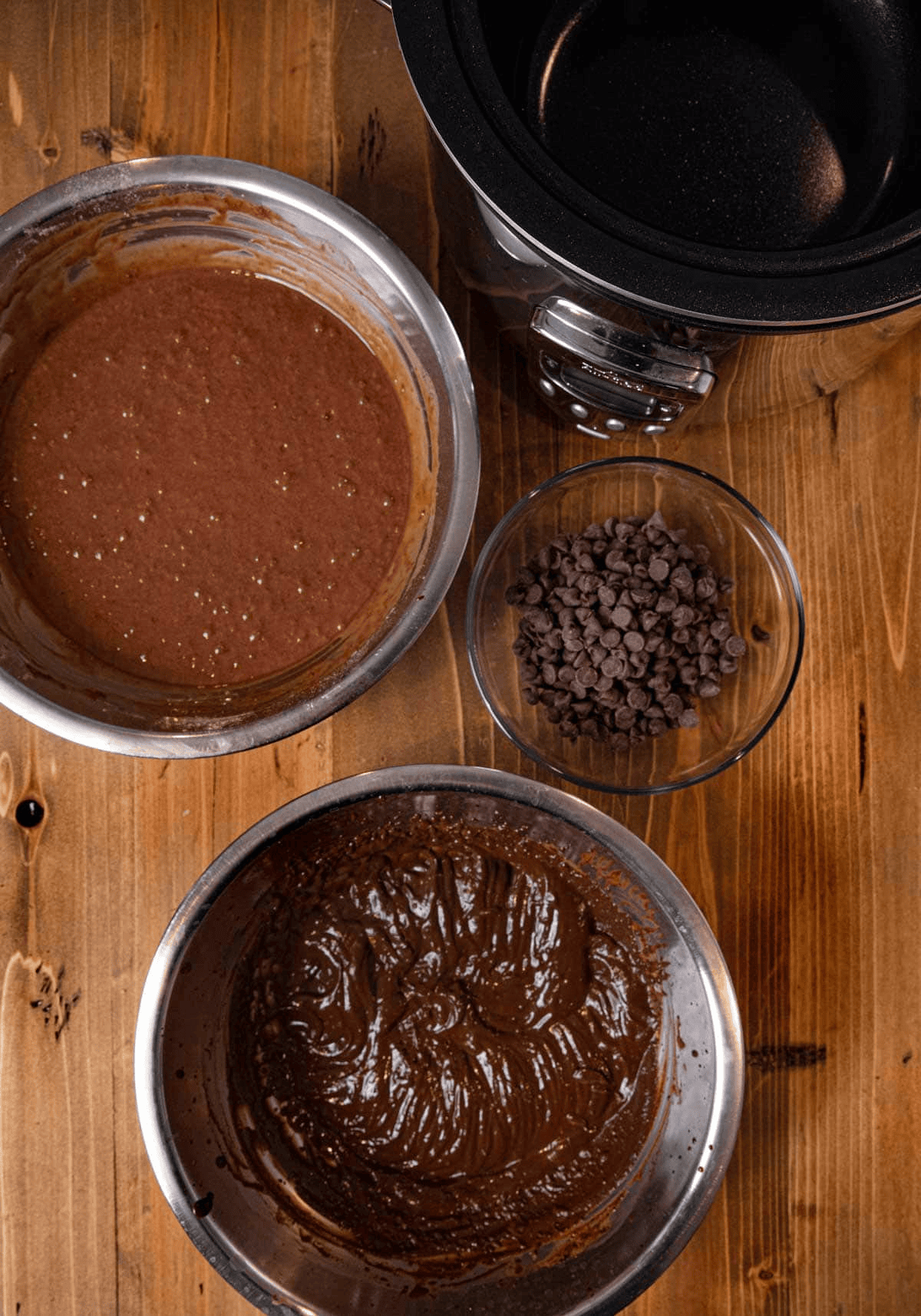 Chocolate ingredients in three bowls