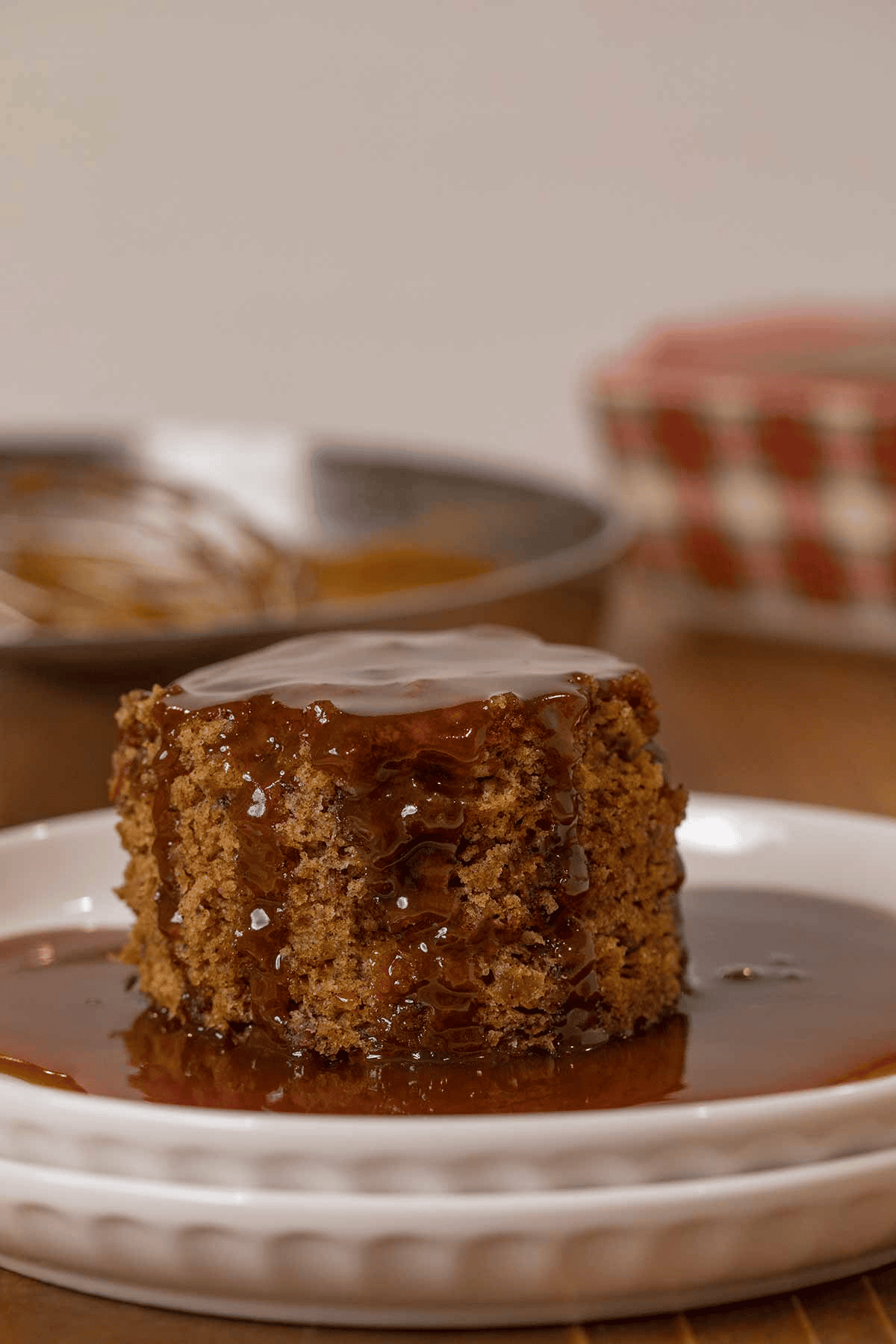 Plated dessert with toffee sauce on top