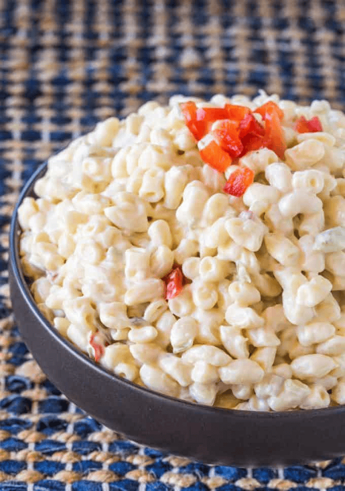 Bowl full of creamy pasta salad