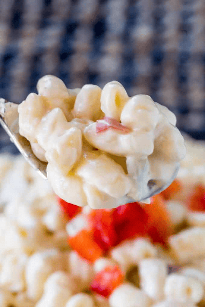 Macaroni salad on a spoon