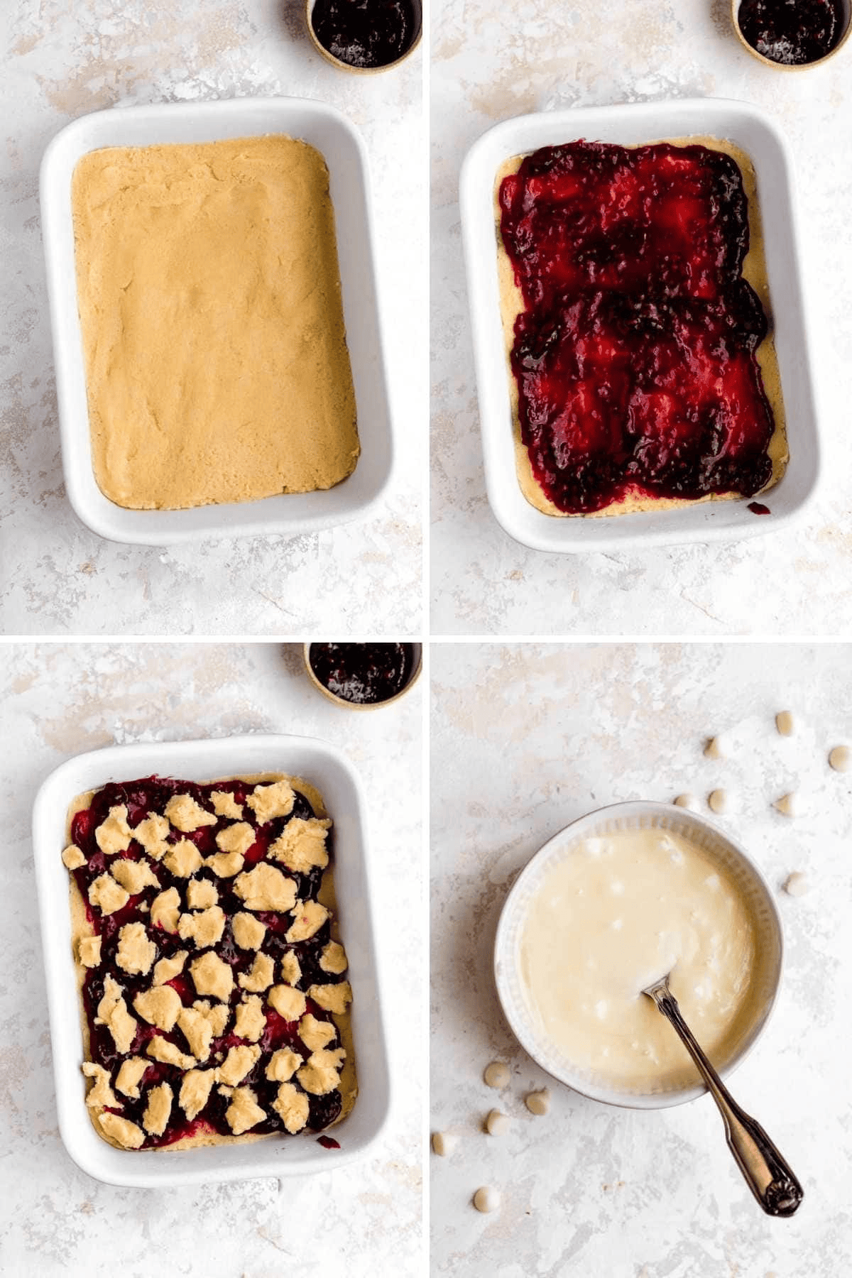 collage of prep steps for raspberry bars