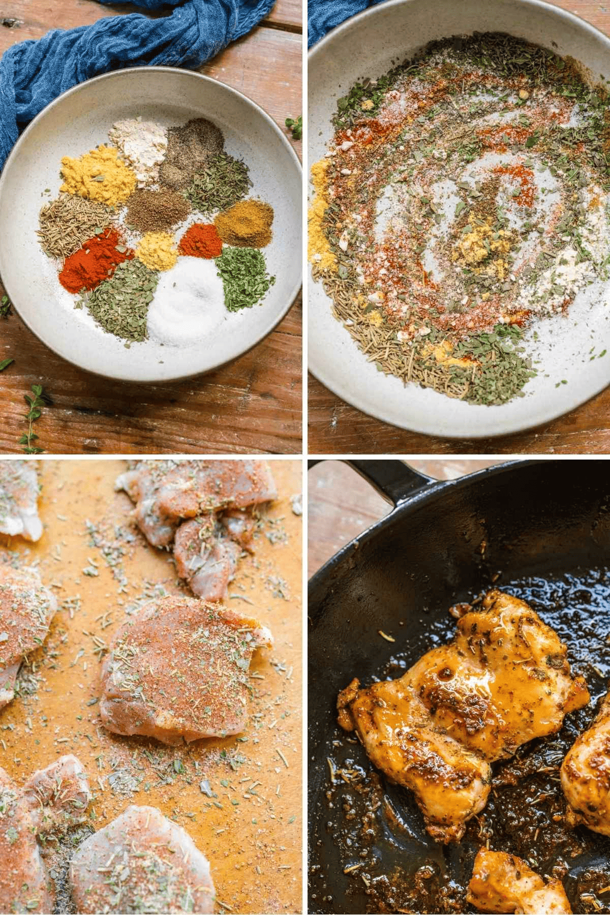 Collage with prep steps for homemade seasoned chicken