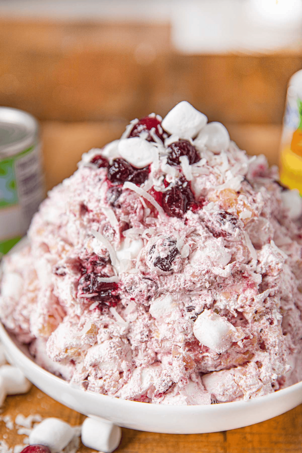 Creamy dessert salad shown from above