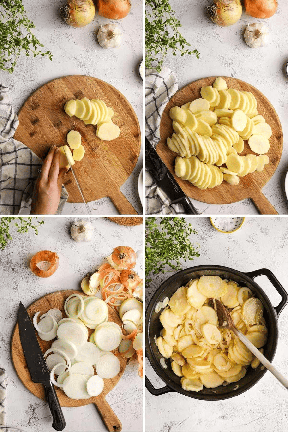 Process shots preparing lyonnaise potatoes