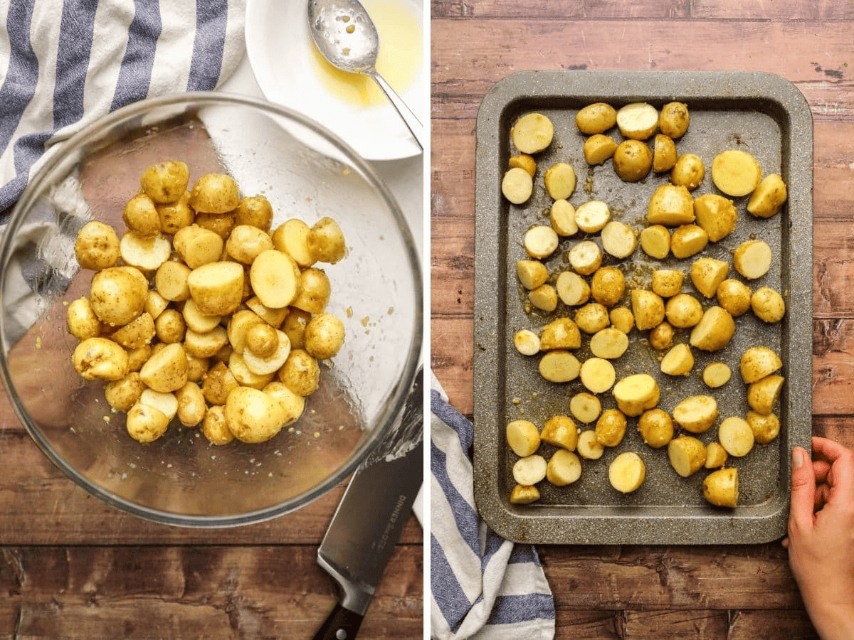 side by side of sliced baby potatoes in a bowl and on a sheet