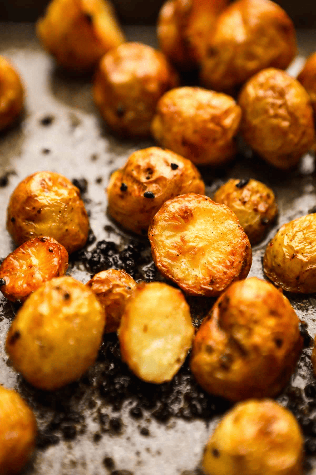 Close up of roasted baby potatoes