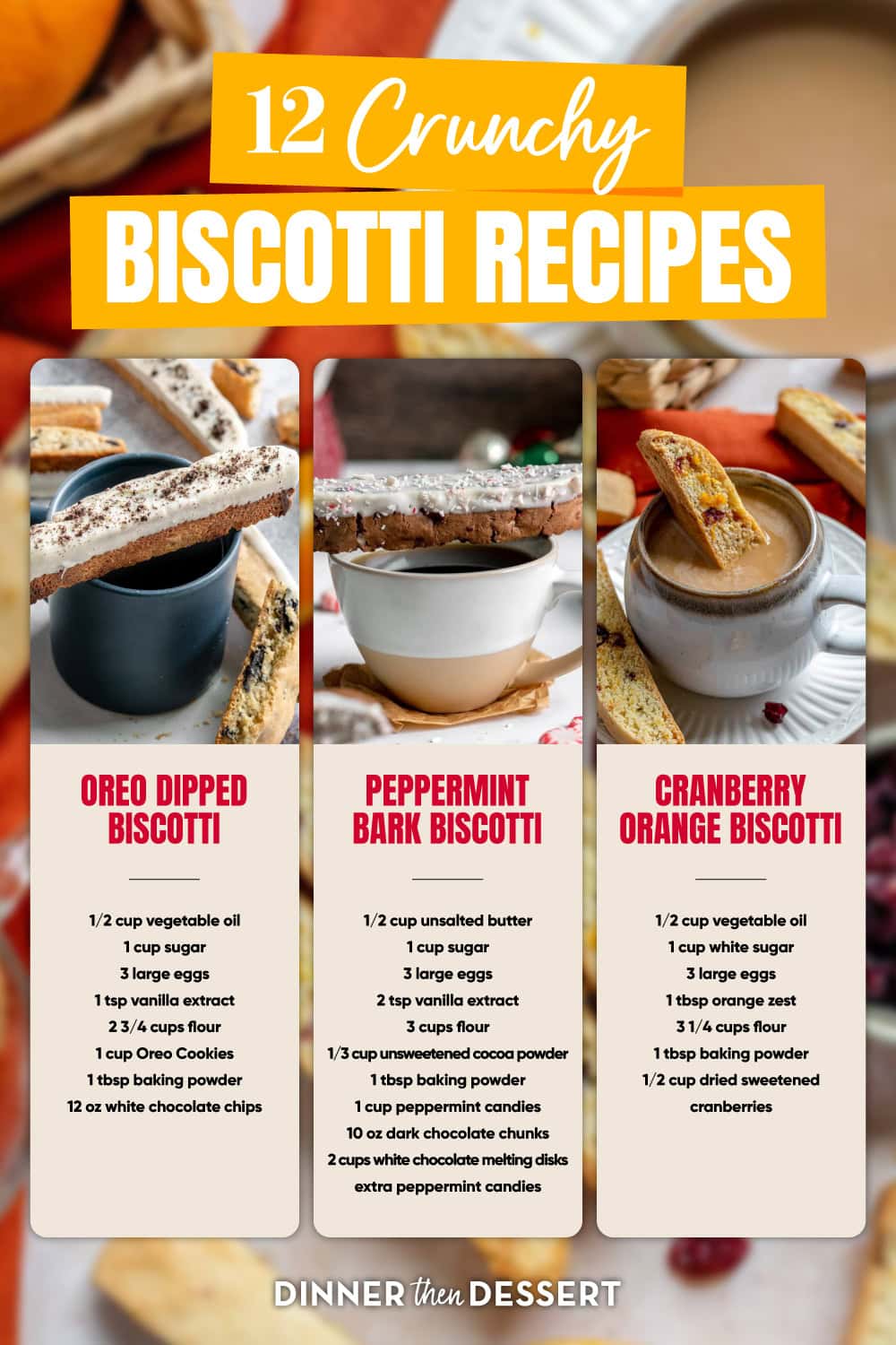 Collage of 3 recipes with photos and ingredients