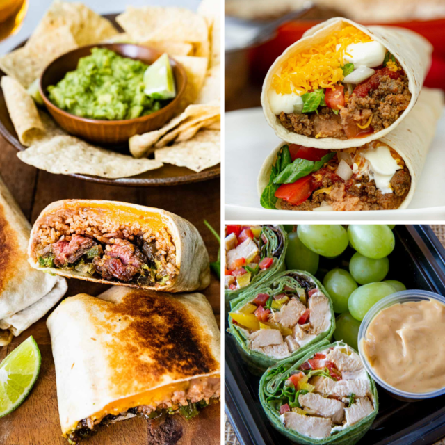 3 Image collage of steak burrito, burrito supreme, and Thai chicken wrap