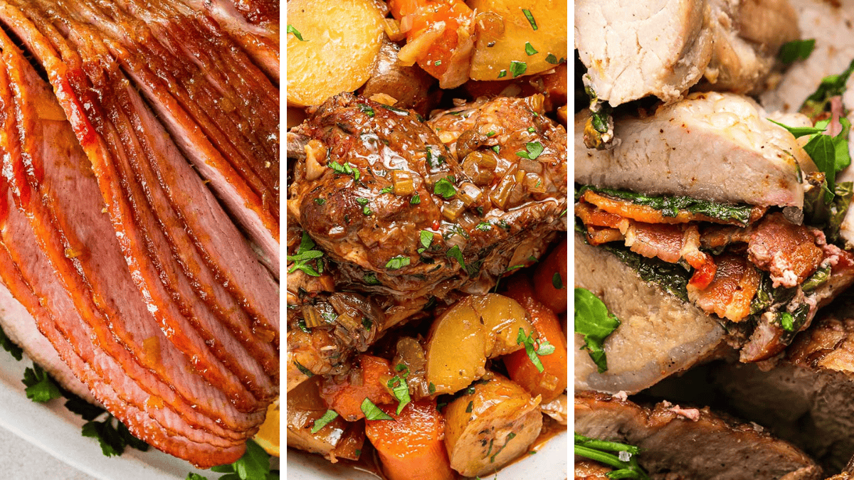 Baked ham, lamb shanks, and pork tenderloin.