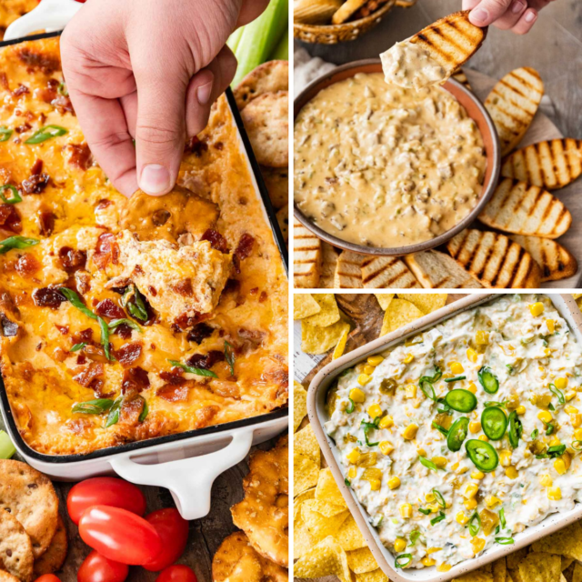 Collage of bacon dip, philly cheesesteak dip, and corn dip