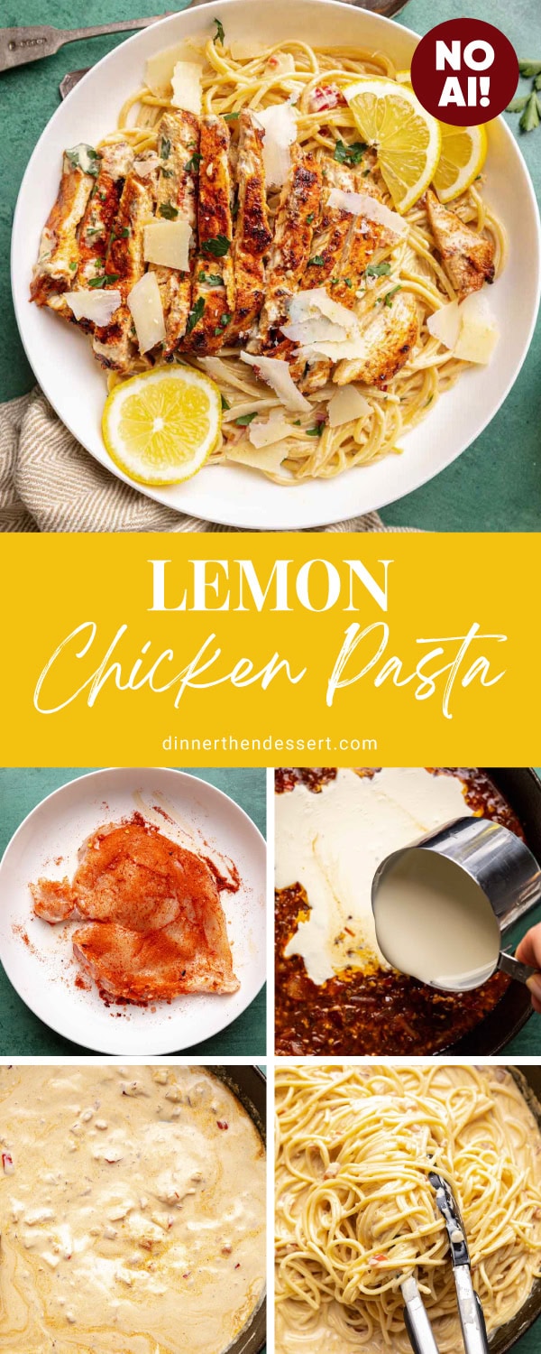 Collage with process shots of preparing chicken and creamy pasta