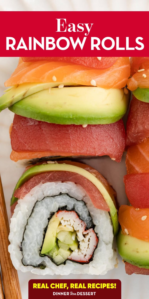 colorful sushi rolls with title in a banner