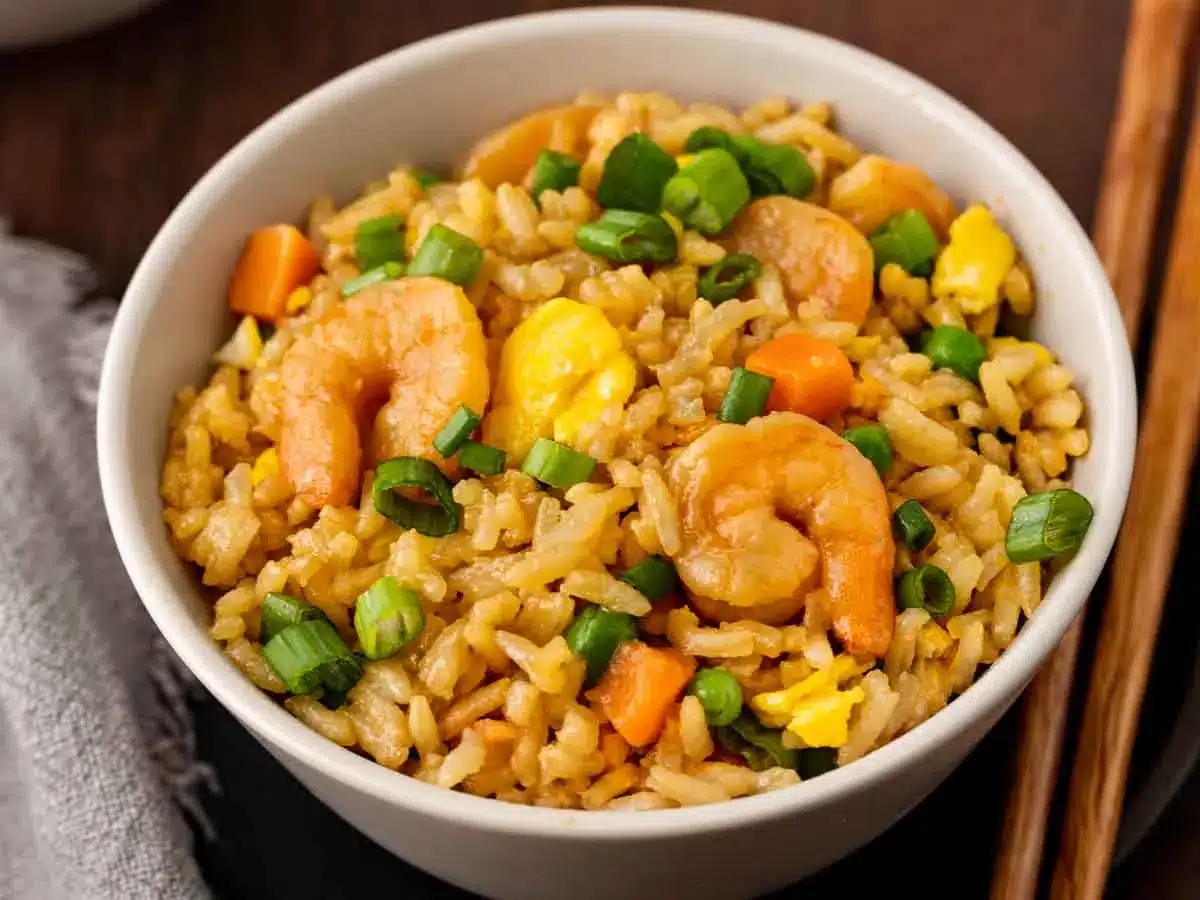 Bowl of rice with veggies and shellfish.
