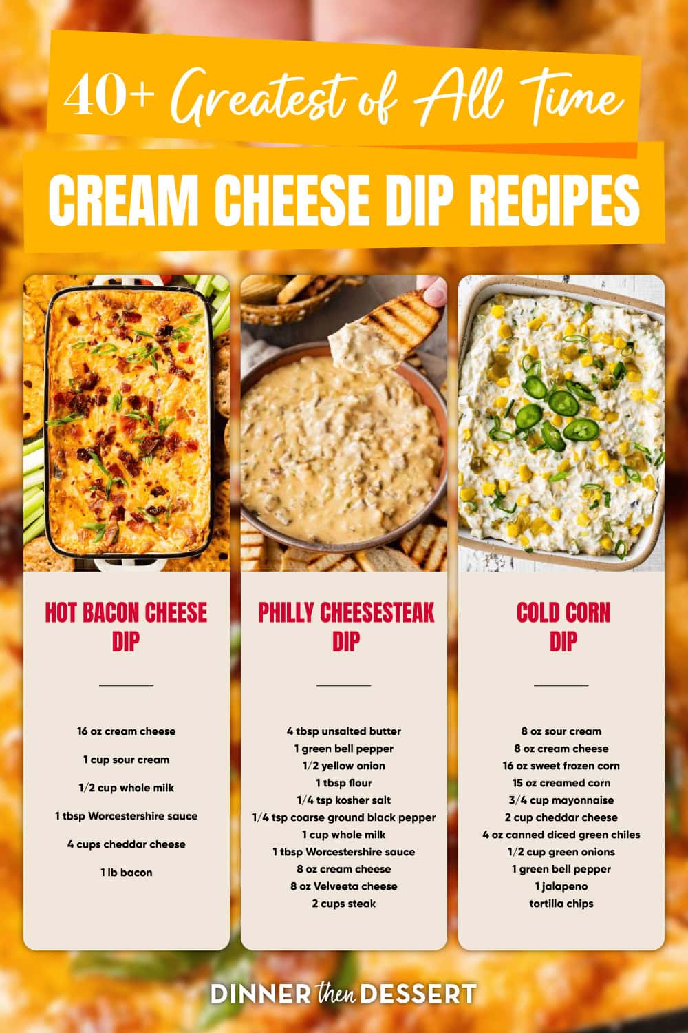 3 image collage of dip recipes - hot bacon cheese dip, philly cheesesteak dip, and corn dip