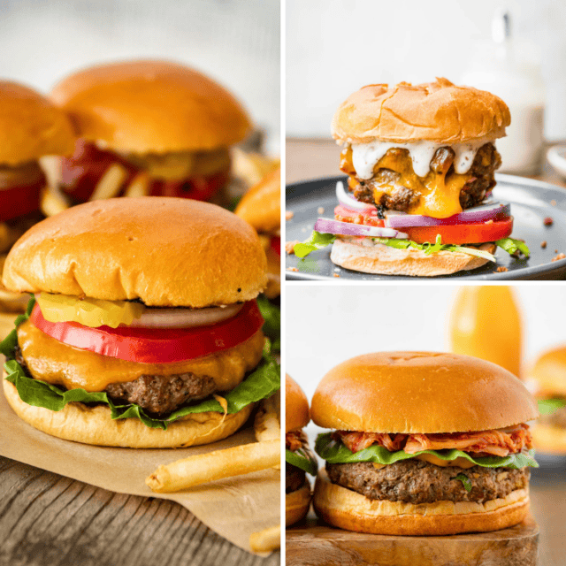 Collage of 3 assembled burgers - classic, cheddar bacon ranch, and Korean beef bolgogi