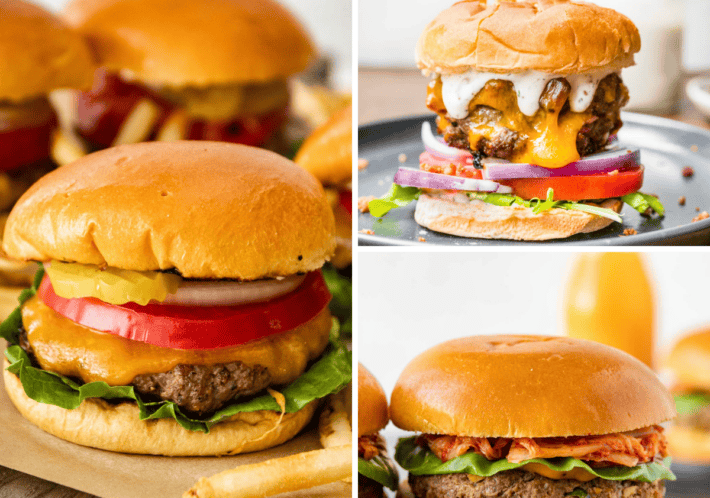 Collage of 3 assembled burgers - classic, cheddar bacon ranch, and Korean beef bolgogi