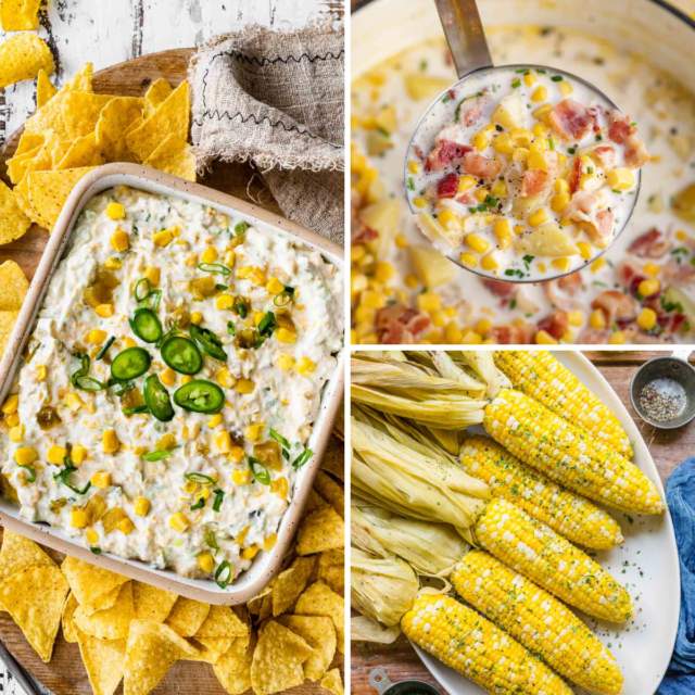 3 recipe collage of corn dip, corn chowder and grilled corn