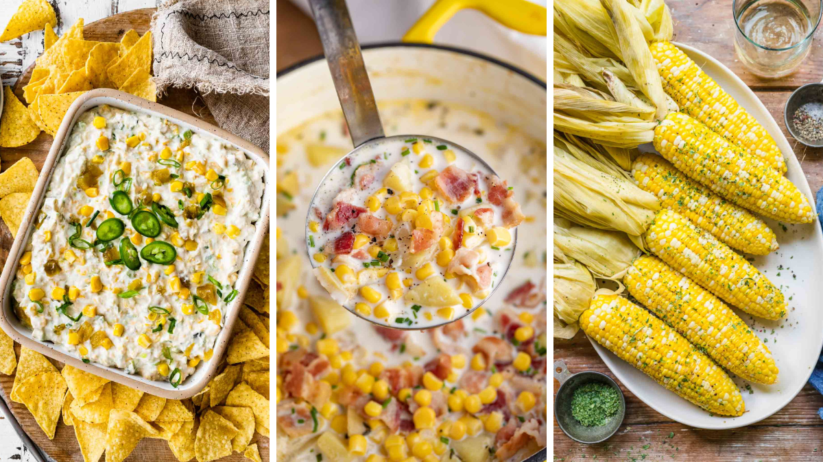3 image collage of corn dip, corn chowder and grilled corn
