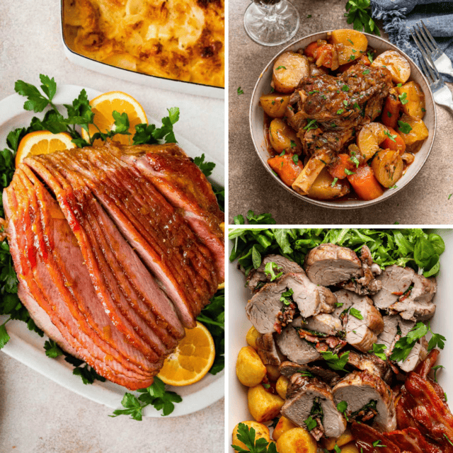 Collage of baked ham, lamb shanks, and stuffed pork loin