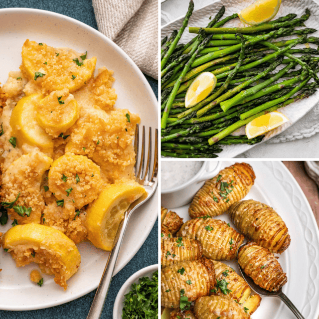 Collage of squash casserole, mini hasselback potatoes, and garlic lemon asparagus images
