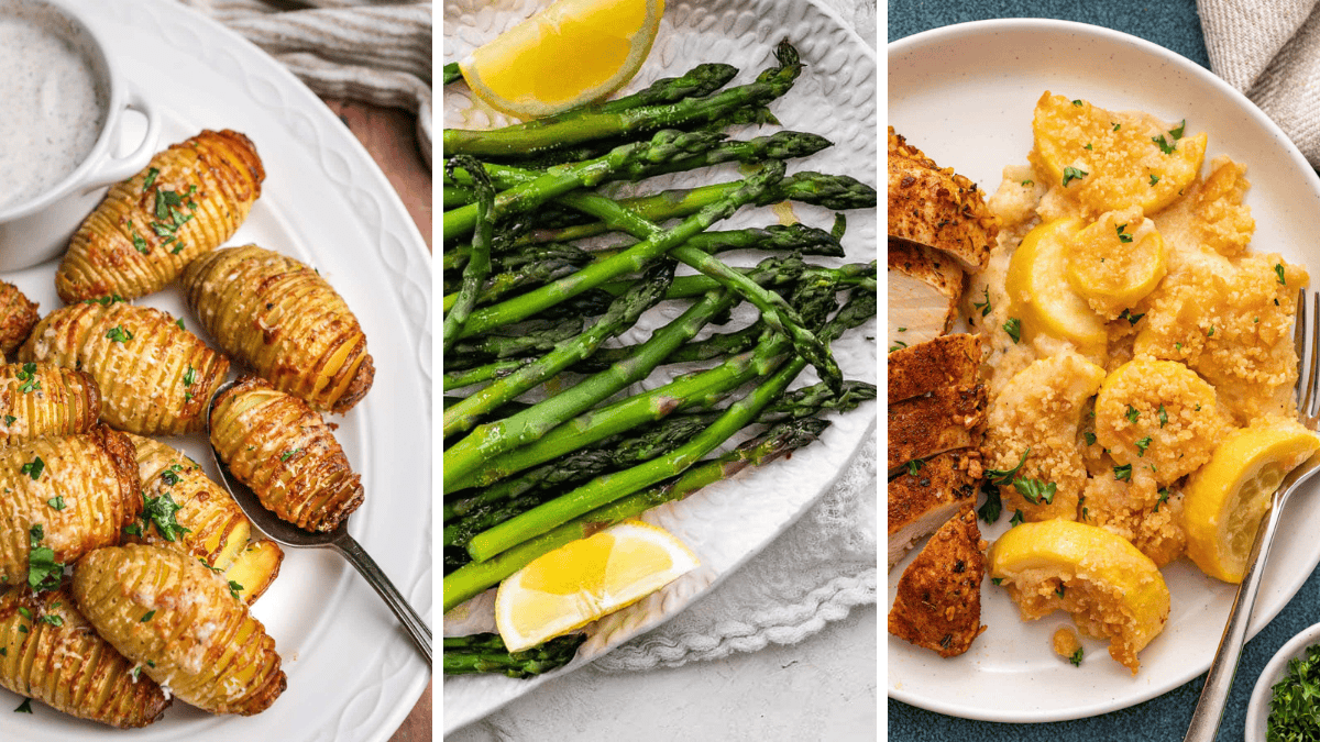 Collage of mini hasselback potatoes, garlic lemon asparagus and squash casserole images