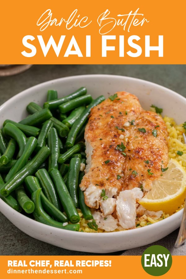 Fish served with green beans with the recipe title in a yellow banner