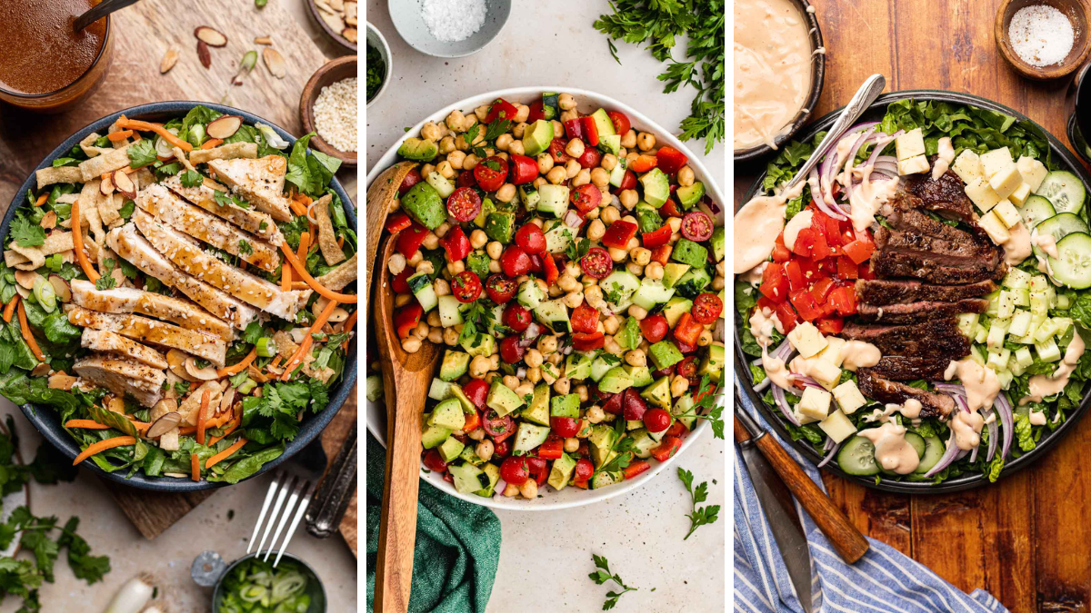 3 image collage of finished salad recipes - Chinese chicken, Chickpea, and Steak