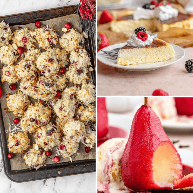 Coconut Yummies, Basque Cheesecake, and Poached pear collage.