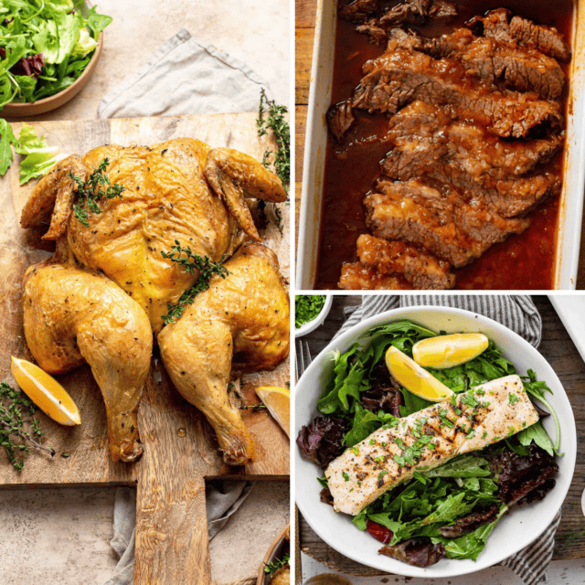 Collage of spatchcock chicken, Jewish brisket, and grilled halibut