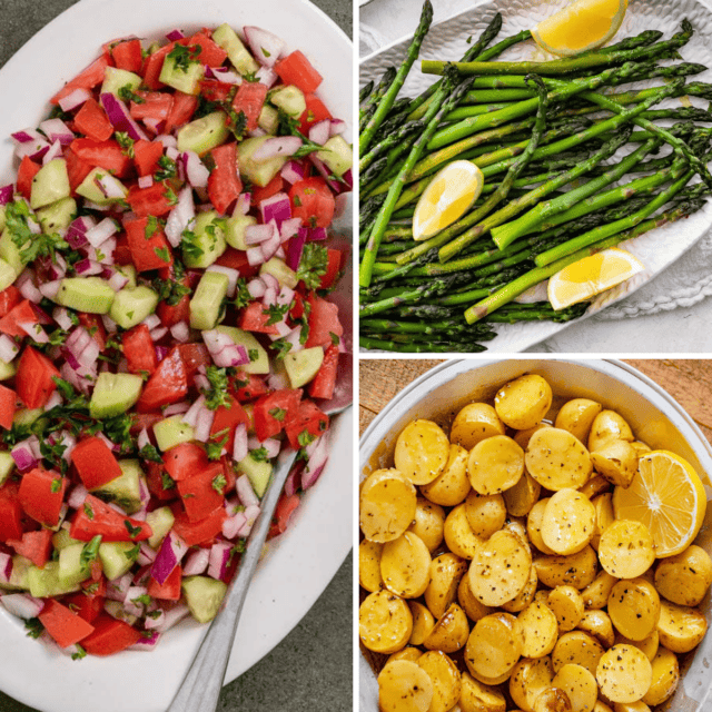 Israeli salad, lemon garlic asparagus, and Greek lemon potatoes collage