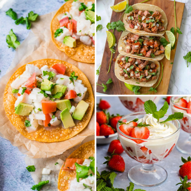 3 image grid with ceviche, carne asada tacos and fresas con crema photos
