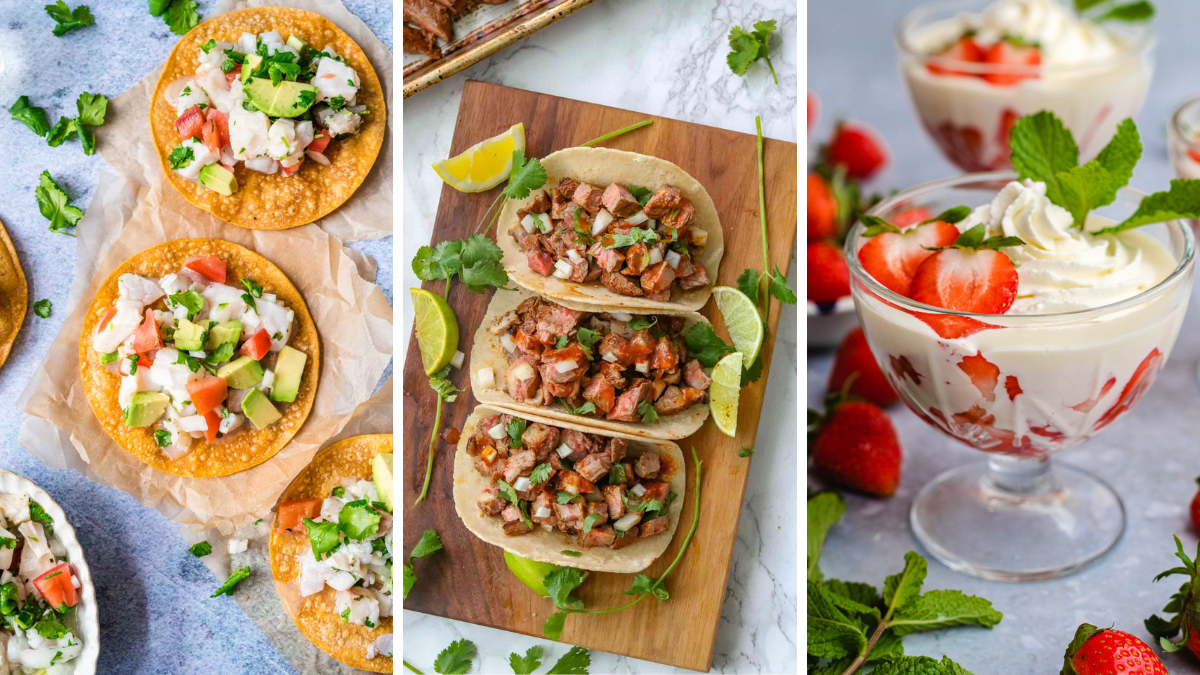 3 image collage with ceviche, carne asada tacos and fresas con crema photos