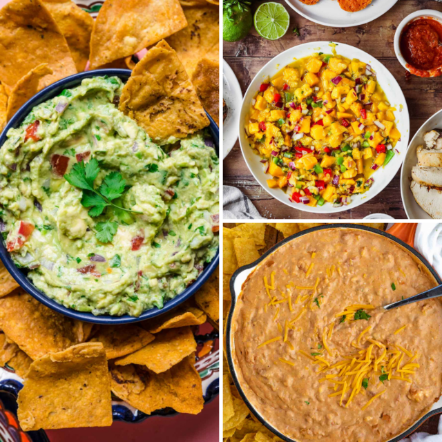 3 image grid of guacamole, mango salsa, and bean dip recipes