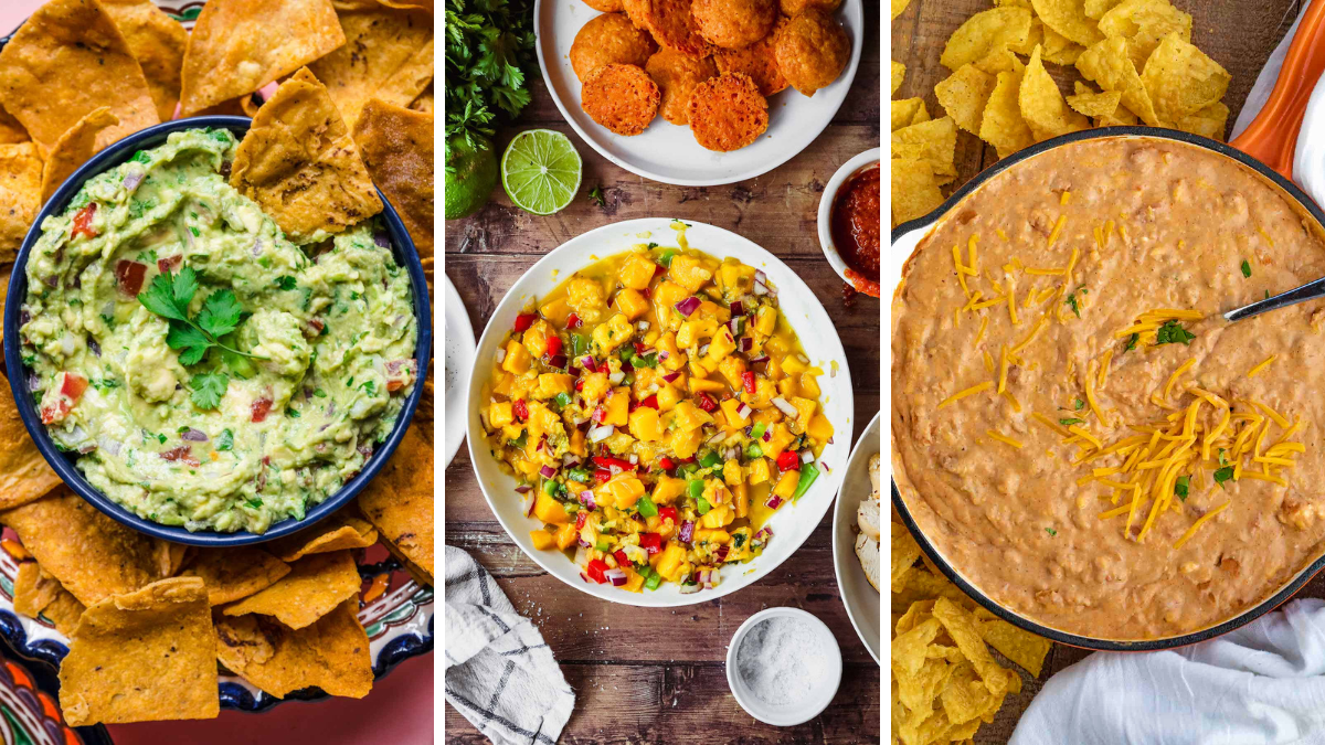 3 image collage of guacamole, mango salsa, and bean dip recipes