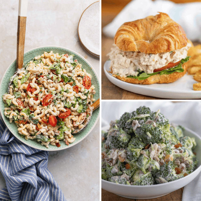 Collage of 3 recipe images - blt pasta salad, tuna salad, and broccoli salad.