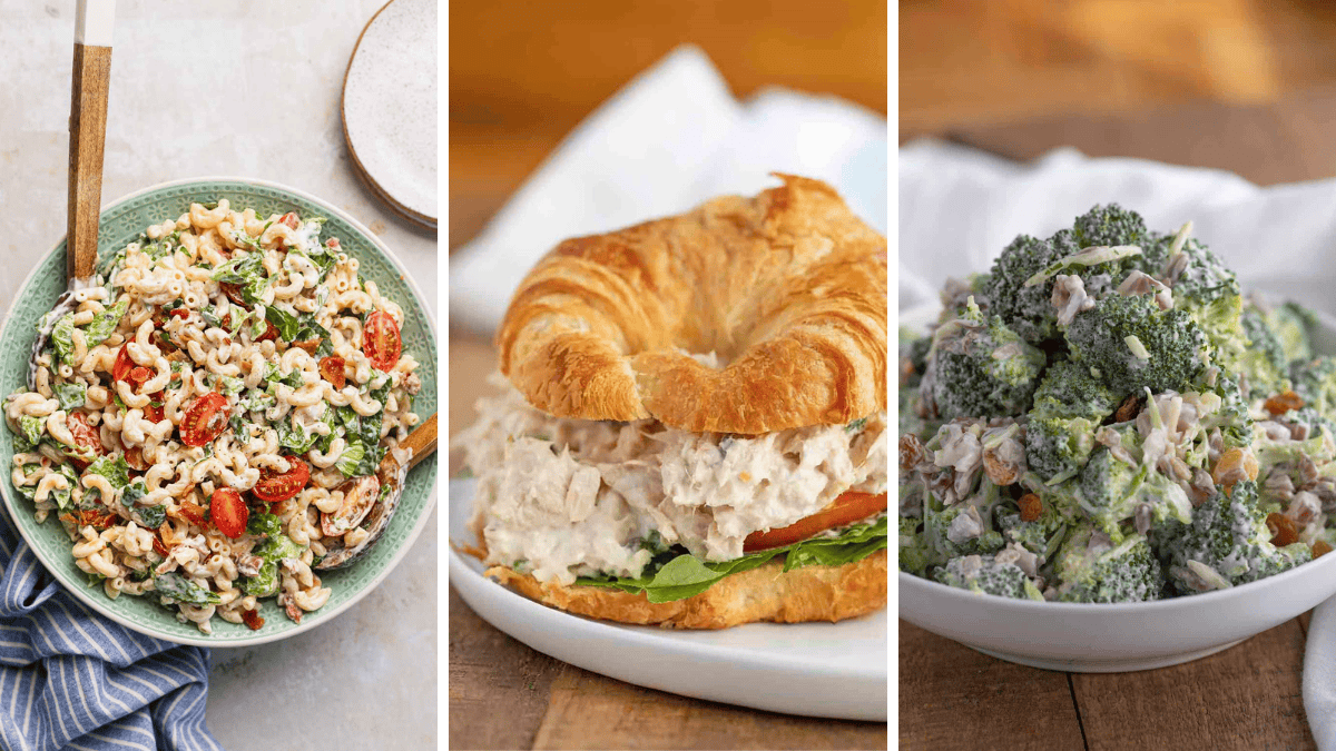 3 image collage of blt pasta salad, tuna salad, and broccoli salad.