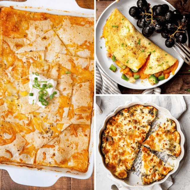 3 image collage of breakfast burrito casserole, Denver omelette and mushroom feta quiche