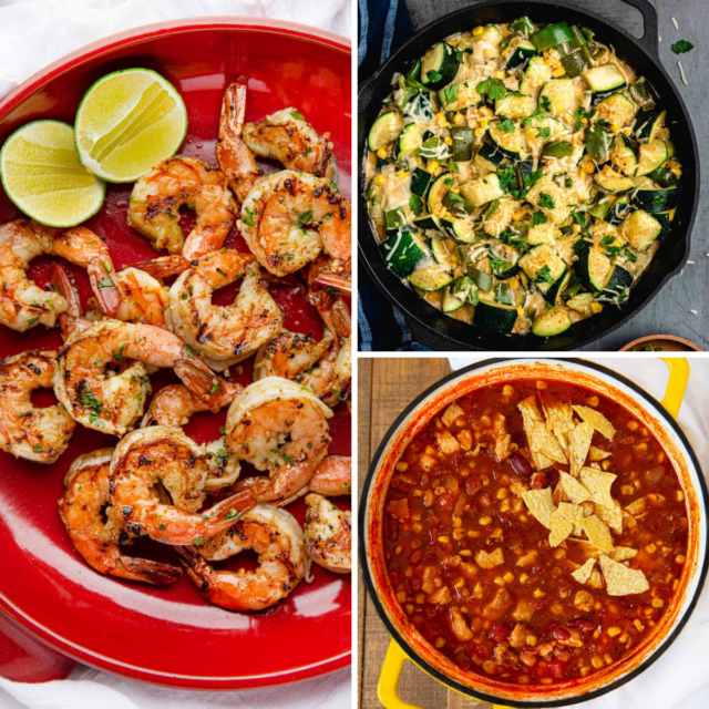 3 recipe grid collage of grilled shrimp, calabacitas, and taco soup images