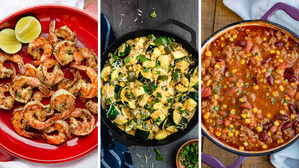 3 recipe collage of grilled shrimp, calabacitas, and taco soup images