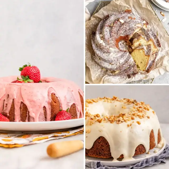 3-image collage of strawberry bundt cake, almond bundt cake, and carrot bundt cake